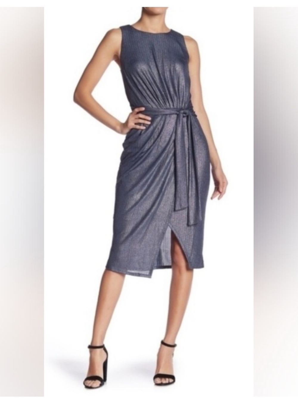 Sleeveless Metallic Midnight Blue Midi Dress with Tie Waist